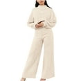 thumbnail image 2 of Brondbend Winter Pajamas Women Set Lounge Sets for Women Crewneck Long Sleeve Solid Color Sleepwear Outfits with Wide Leg Long Pants ,Loose Thick Warm Daily Home Wear,Beige, 2 of 7