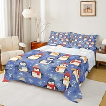 Manfei Kawaii Blue Penguin Twin Sheet Sets for Kid, Antarctic Wildlife Twin Fitted Sheet, Cute Christmas Animal Flat Sheet, Ultra Soft Home Decor, 3pcs
