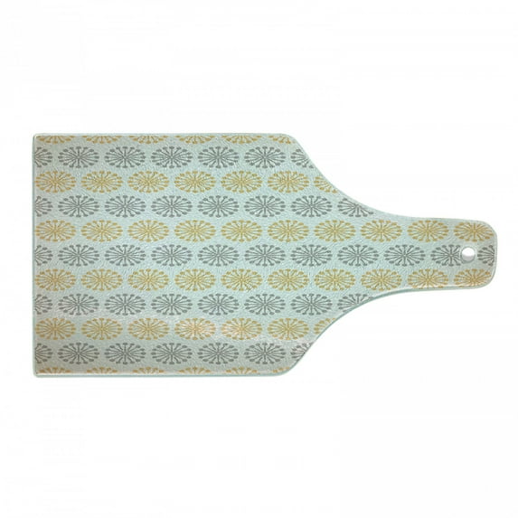 Grey and Yellow Cutting Board, Bohemic Oriental Inspired Geometrical Floral Art Image, Decorative Tempered Glass Cutting and Serving Board, Wine Bottle Shape, Apricot Grey and White, by Ambesonne