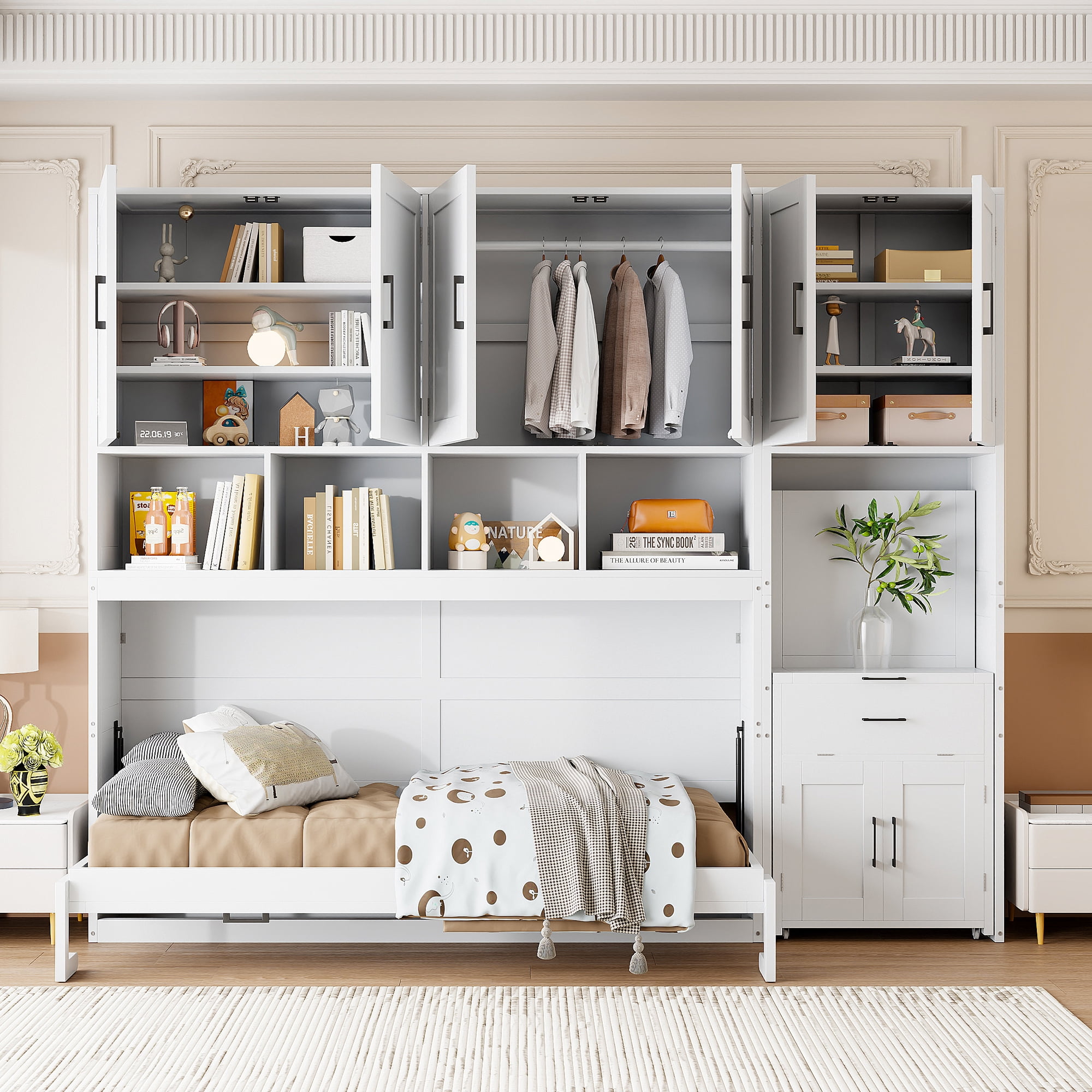 Twin Size Murphy Bed with Closet, Writing Desk, Storage Shelves for Space-Saving Guest Room