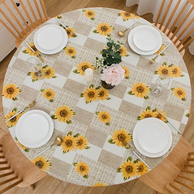 GFDYREE Nappe Ronde Ajustée en Vinyle avec Endos en Flanelle, Bord Élastique, Nappe en Plastique Imperméable, Résistante aux Taches, Essuyable, pour Table Ronde de 40 Pouces-44 Pouces