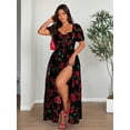 thumbnail image 3 of Black Plus-Size Off-Shoulder Rose Print A-Line Dress With Side Split, 3 of 7