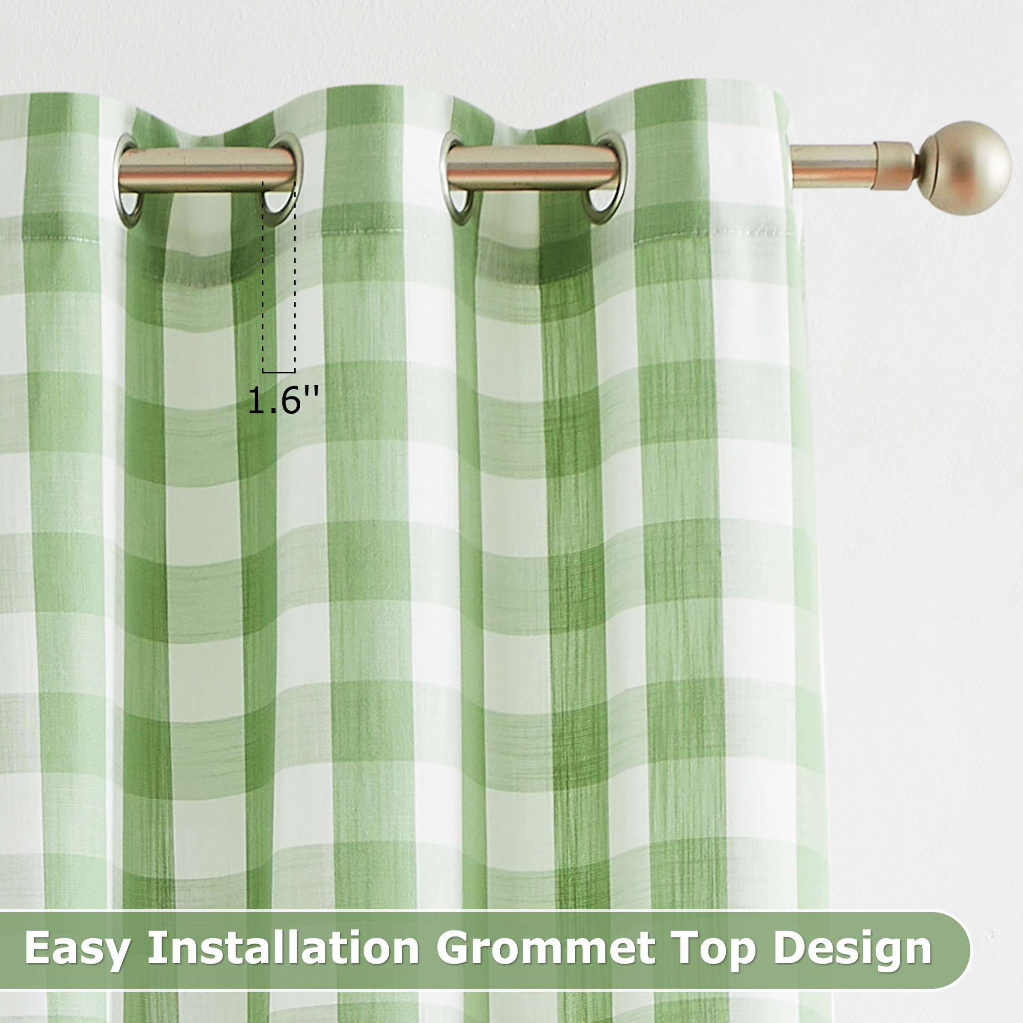 Flowpartex 2 Pieces Buffalo Check Semi Sheer Curtain Panels Green and White Plaid Textured Curtains Drapery, 40"Wx84"L Farmhouse Grommet Top Window Drapes for Living Room Bedroom