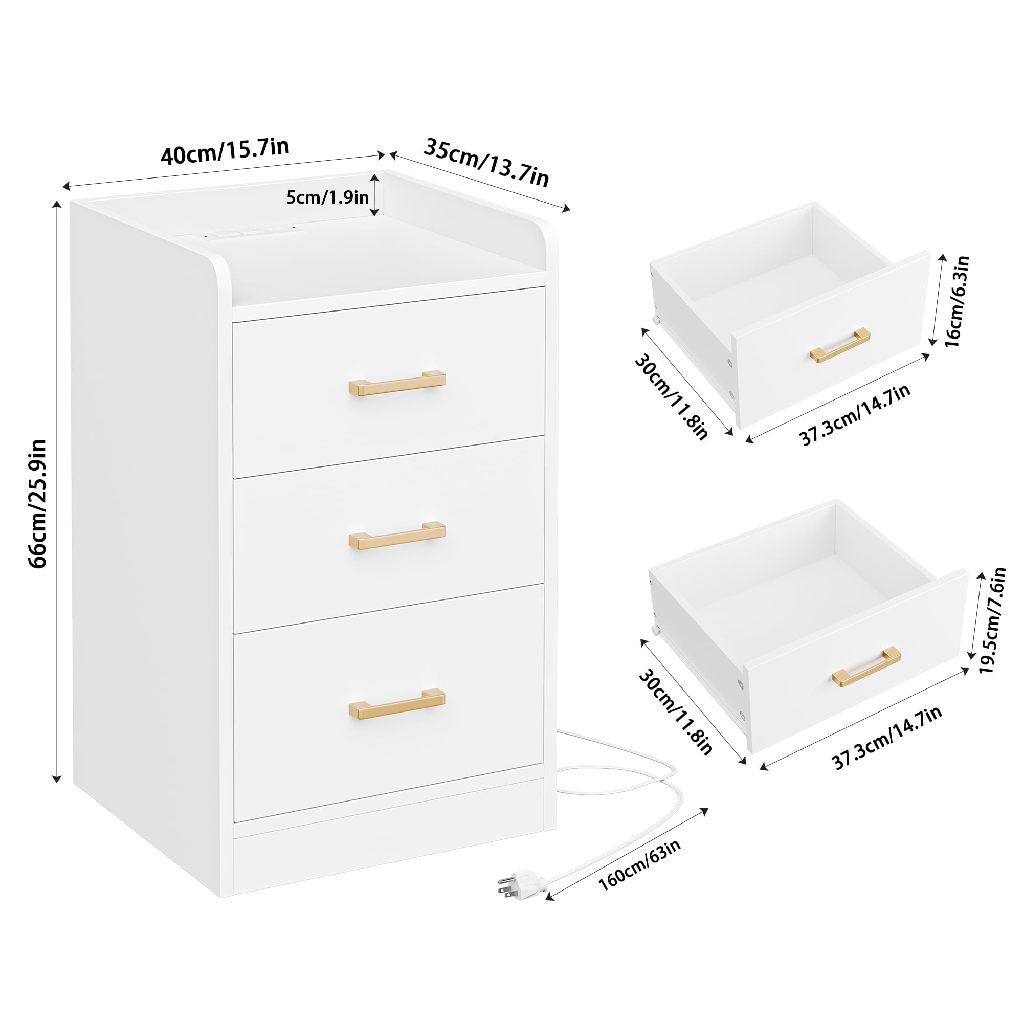 Homfa 2 Pcs White Nightstand for Bedroom, Storage Cabinet with Charging Station and 3 Drawers, Modern Sofa Table for Living Room