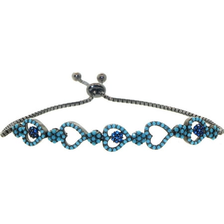 Pori Jewelers 18kt Black Rhodium-Plated Sterling Silver Turquoise Multi-Heart Friendship Bolo Adjustable Bracelet