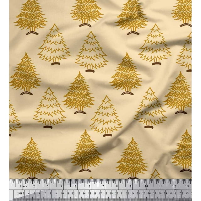 Soimoi Rayon Crepe Fabric Christmas Tree Block Print Fabric by Yard 46 Inch Wide