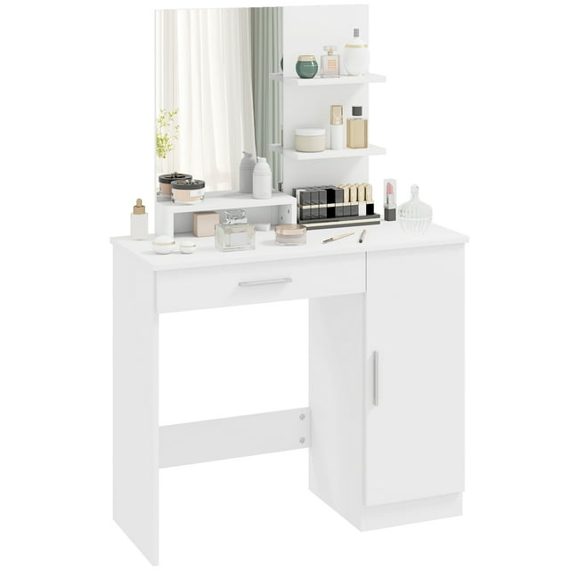 HOMCOM Vanity Table, Makeup Table with Mirror and Storage Shelves, White