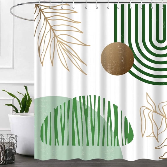 Green Mid Century Abstract Shower Curtain, Chic Geometric Boho Gold Leaves Neutral Modern Minimalist Fancy Aesthetic for Bathroom Decor, Fabric Waterproof Polyester with Hooks 72 x 72 inch