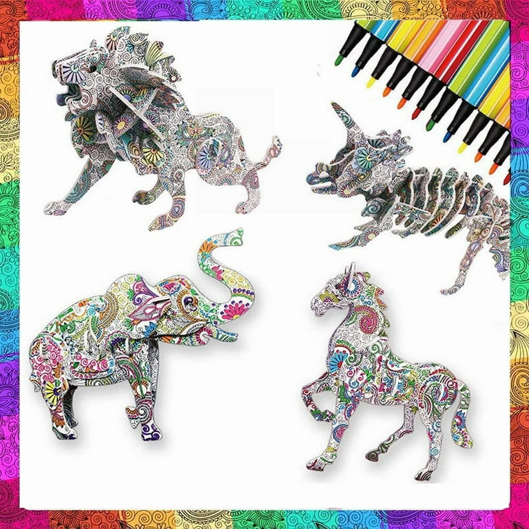 3d Coloring Puzzle Set, 4 Animals Painting Puzzles With 12 Pen Markers,  Creativity Diy Gift For Boys Girls Age 8-12 Years Old Kids