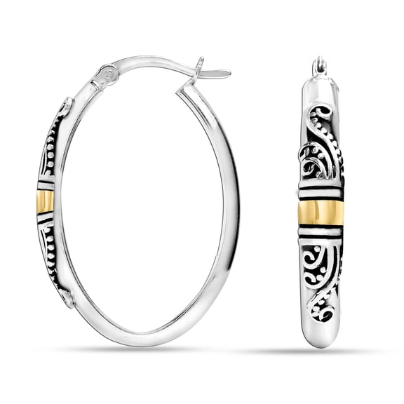 LeCalla 925 Sterling Silver Hypoallergenic Two-Tone Antique Design O-Shape Click Top Hoop Earrings for Women and Teen 30MM