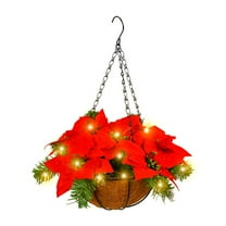 Festive LED Artificial Poinsettia Floral Arrangement Hanging Basket Red Flowers for Home Christmas Decoration