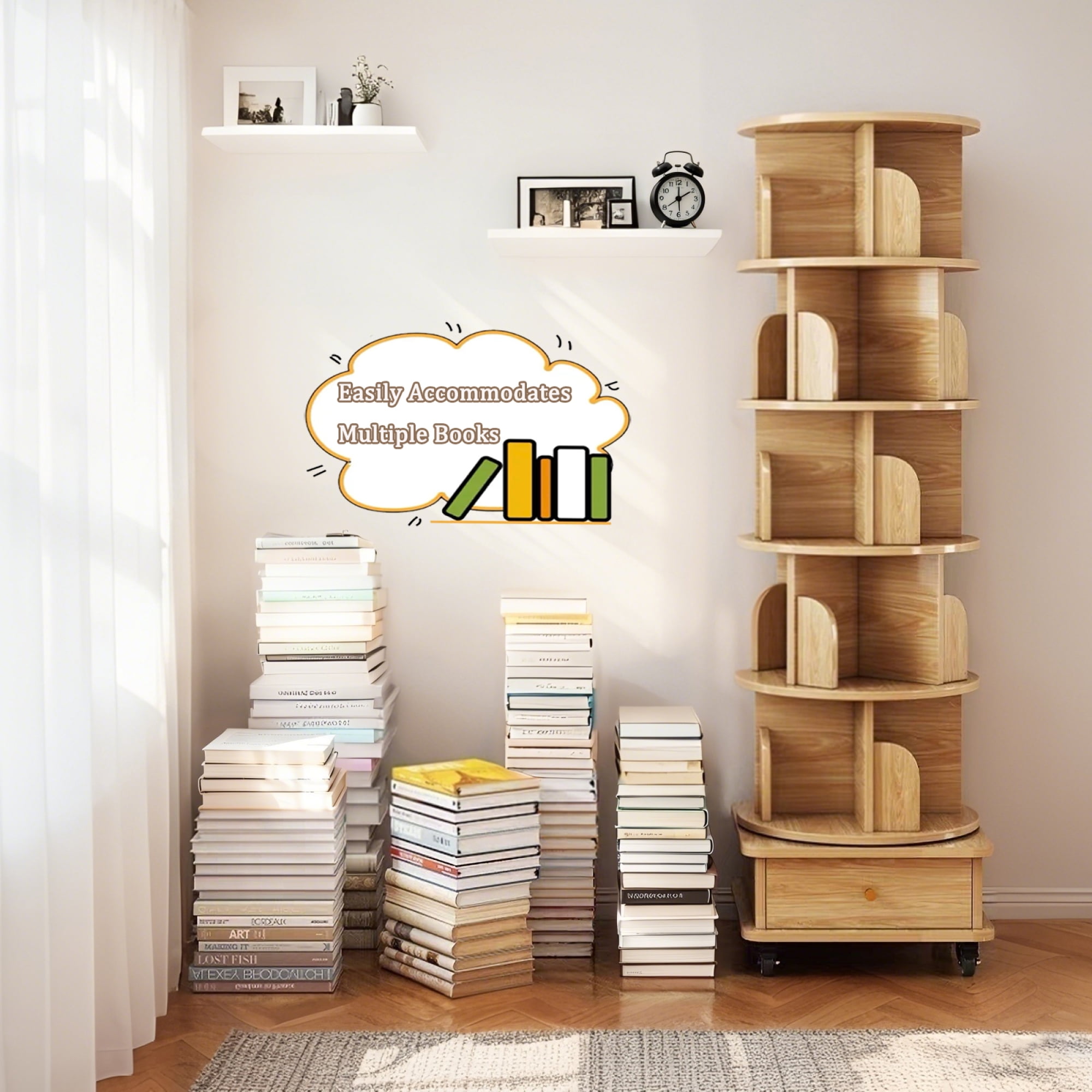 Jopath 6 Tier Rotating Bookshelf, 360° Display Round Spinning Bookshelf with Wheels and Drawer, Space-Saving, Small Space Rotating Bookshelf Tower for Bedroom, Office, Wood Color