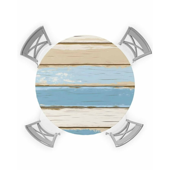 nqOlkjepod Vintage Blue Brown Round Tablecloth, Fitted Table Cover with Elastic for 45"-54" Round Tables, Retro Country Watercolor Wood Grain Table Cloth Outdoor Dinning Party Waterproof Tablecloths