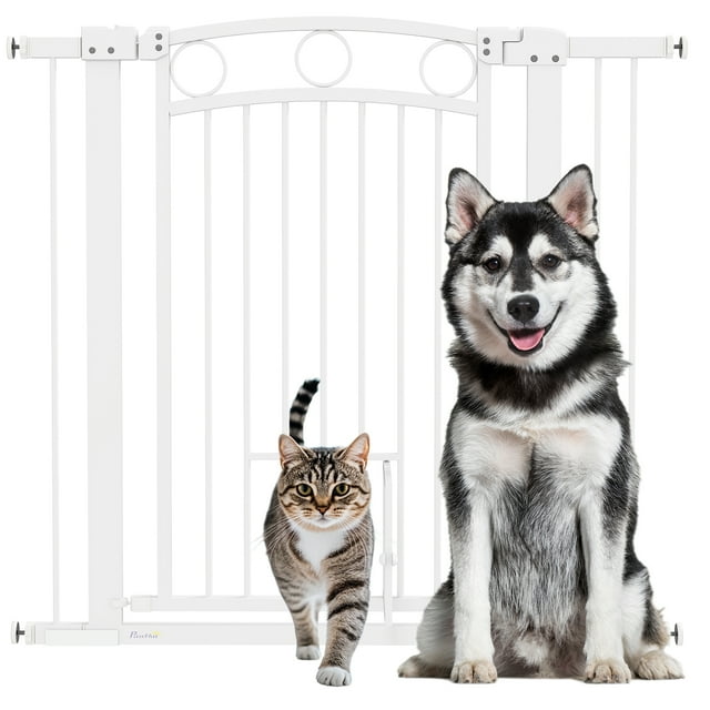 PawHut Dog Gate with Cat Door, 2 Extension Kits, 30"-41" Width, 38" High