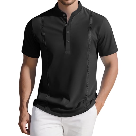Timoontee Men's Half-card T-shirt Summer Striped Short-sleeved Casual Business Top Printed Breathable T-shirt Black XXXL