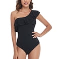 thumbnail image 3 of Ruffled Bathing Suits, Pure Color One Piece Swimsuit One Shoulder Asymmetric  For Women For Vacation Black M, 3 of 6