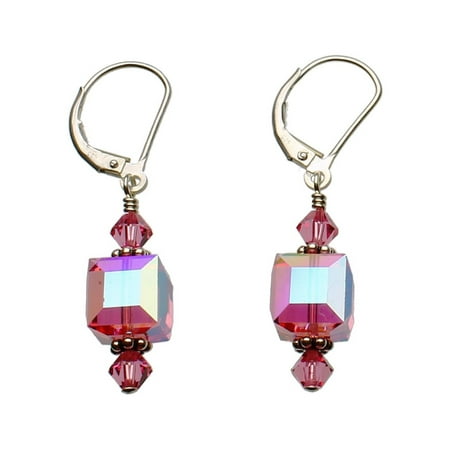 Cube Sterling Silver Earrings - Pink Sterling Silver Leverback Earrings 8mm Cube Made with Swarovski Crystals