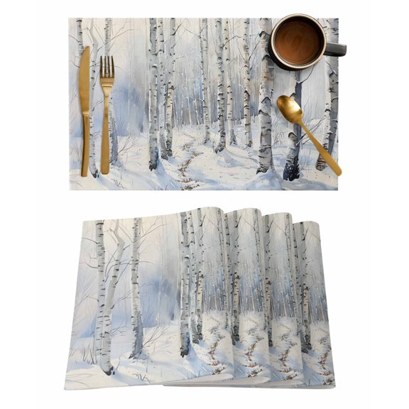 Christmas Tree Placemats Set of 6, White Winter Xmas Snowflake Placemats for Dining Table, Place Mats for Kitchen Tabletop, Waterproof Wipeable Dining Table Mats Set