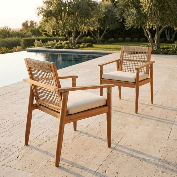 FFZ 2-Piece Acacia Wood Outdoor Dining Chairs with Rope Back & Beige Cushions, Light Teak, Light Teak