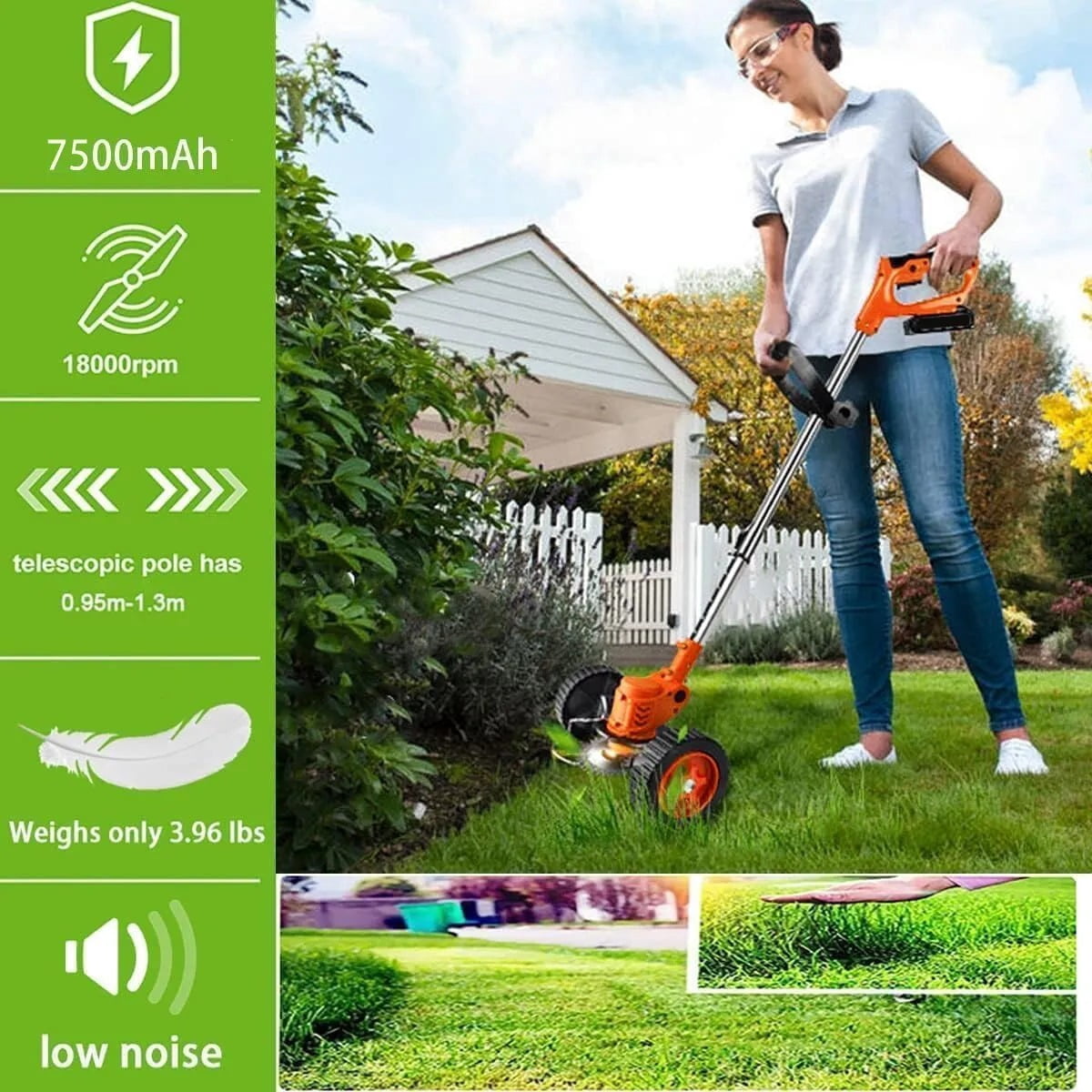Cordless Weed Eater Electric Brush Cutter Lawn Edger Grass String Trimmer with 2x 5.0Ah Batteries, 3 Blade Types, Adjustable Height for Lawns, Gardens, Shrub Trimming, Suitable for All Ages