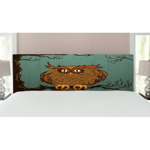 Owl Headboard, Exhausted Hangover Tired Owl in Oak Tree with Eyebrows Nature Cartoon Funny Art, Upholstered Decorative Metal Bed Headboard with Memory Foam, King Size, Blue Brown, by Ambesonne