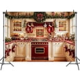 thumbnail image 3 of 10x8ft Christmas Kitchen Backdrop Xmas Tree Wreath Cabinets Window Kitchenware Photography Background Winter Family Holiday Party Photo Video Studio Props, 3 of 5