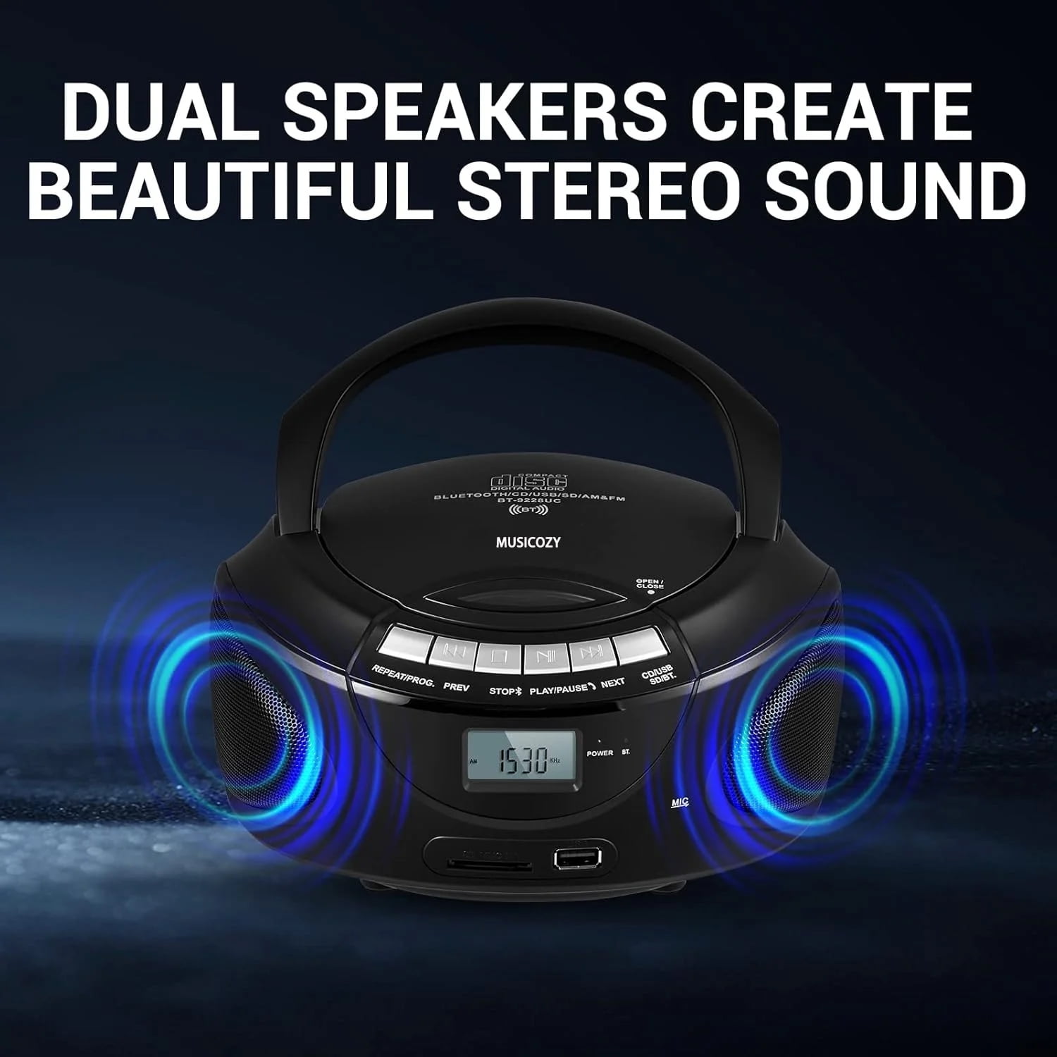 Portable CD Player Boombox with AM/FM Stereo Radio,Bluetooth Speaker Players,Support CD/USB/SD/BT/AUX,Clear and Full Sound with Bass Boost,LCD Display,Headphone Jack, AC/Battery,Gift for Elderly