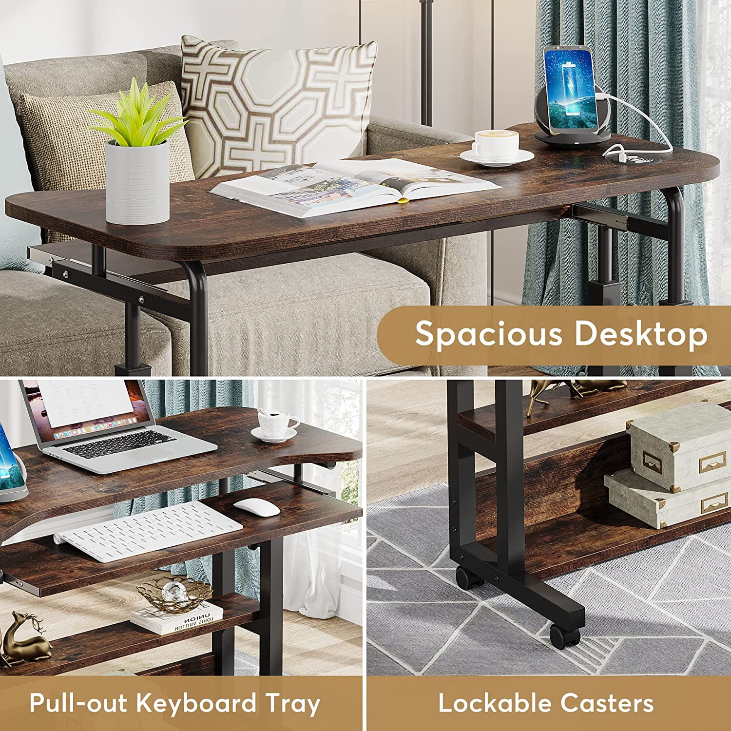 Tribesigns Portable Desk with Wireless Charging Station, Height Adjustable Side Table for Sofa Couch Bed Brown