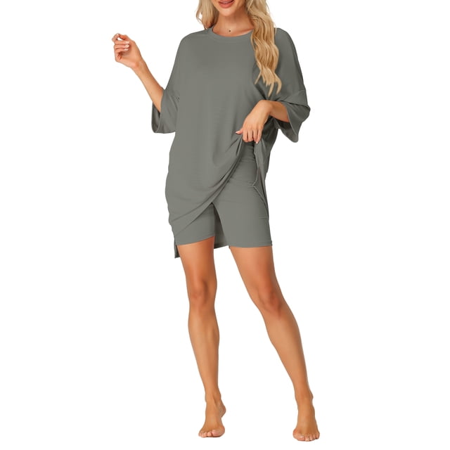 Conjunto de lounge oversized INSPIRE CHIC para mujeres, sudaderas de entrenamiento, camiseta con pantalones cortos de ciclista, conjuntos S gris
