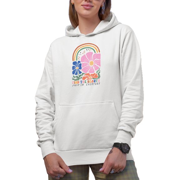 Distressed Find the Beauty in Every Day - Boho Rainbow & Flowers Art Merch Gift, White Hooded Sweatshirt or Hoodie, Small