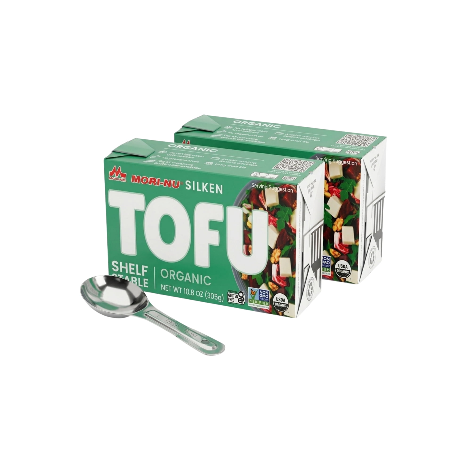 Mori-Nu Organic Silken Tofu, Shelf-Stable, Non-GMO Soybeans, Vegan, Gluten-Free, Dairy-Free, Kosher, Low-Fat Plant Protein, Velvety Smooth Texture, 12 oz (Pack of 2) Measuring Spoon Included