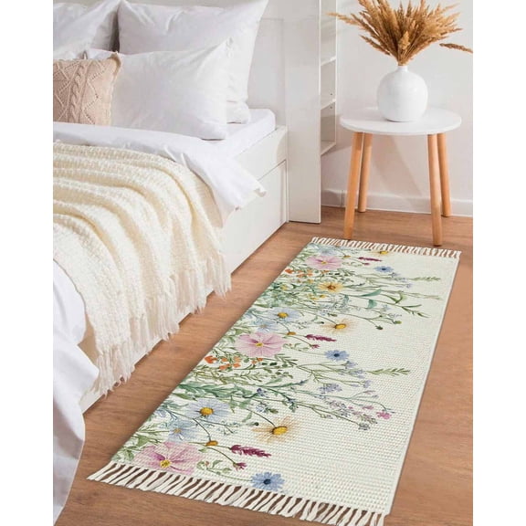 Spring Floral Hallway Runner Rug 2x5ft,Wildflowers Herbs Summer Botanical Washable Woven Living Room Bedroom Kitchen Bathroom Carpet with Tassels,Indoor Outdoor Throw Door Mat for Entryway
