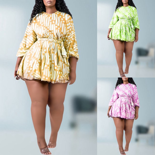 Dresses Plus Size Summer Printed Handmade Woven Waistband With Ruffle Edge Dress Plus Size Dress Pink M