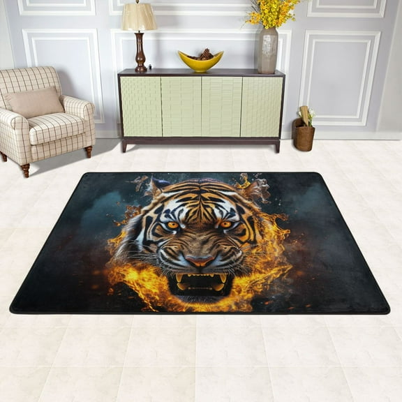 Tiger with Fire Area Floor Mats 36" x 24" Soft Non-Slip Large Rugs Nursery Memory Foam Carpets Living Room Doormat for Bedroom Dinning Decor