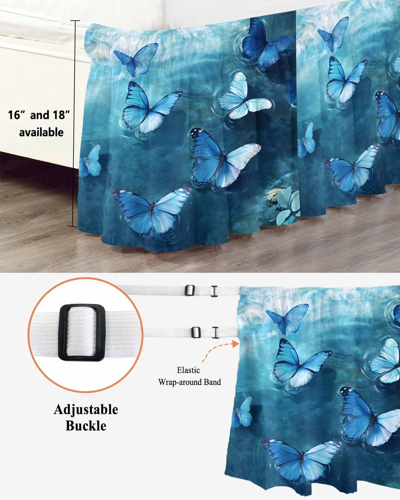 Blue Butterfly Wrap Around Bed Skirts for Queen Bed 16" Drop, Bed Skirt with Adjustable Elastic Belt Dust Ruffle Bed Valance for Bedroom Hotel Luxury Modern Elegant Water Ripples Bed Frame Cover