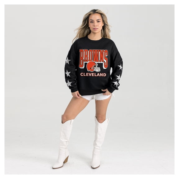 Women's Gameday Couture  Black Cleveland Browns Pure Victory Rhinestud Star-Sleeve Pullover Sweatshirt