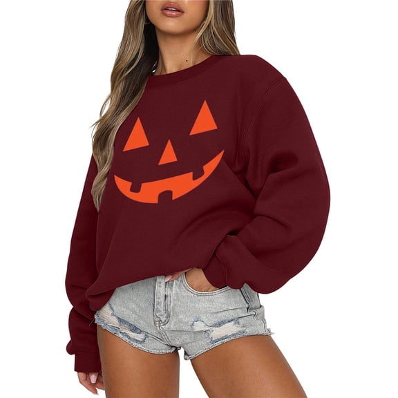 Bibifish Womens Halloween Pumpkin Face Graphic Sweatshirts Crew Neck Long Sleeve Oversized Soft Autumn Daily Tops