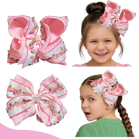 JoyBowie 1pcs 7.5 Inch Floral Embroidered Pink Hair Bows for Girls, 5.5 Inch Satin Clips with Safe Edge Design for Kids Daily Party Hairstyles