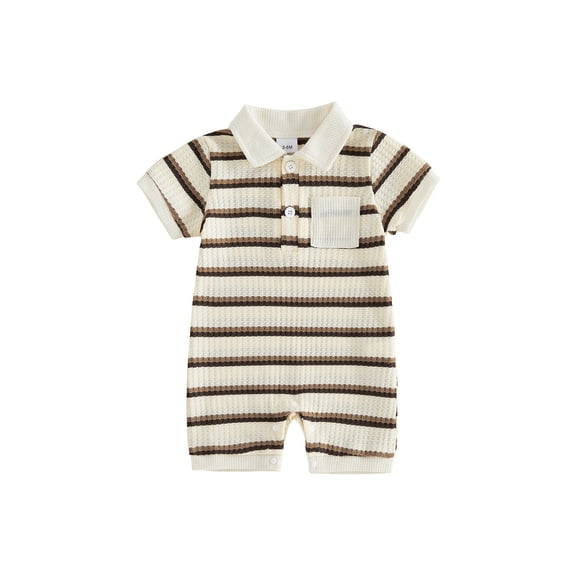 BemeyourBBs Newborn Baby Boy Summer Clothes Outfit Striped Waffled Knit Romper Cute Short Sleeve Collared Button-up Chest Pocket Jumpsuit Bodysuit 0 3 6 9 12 18 Months