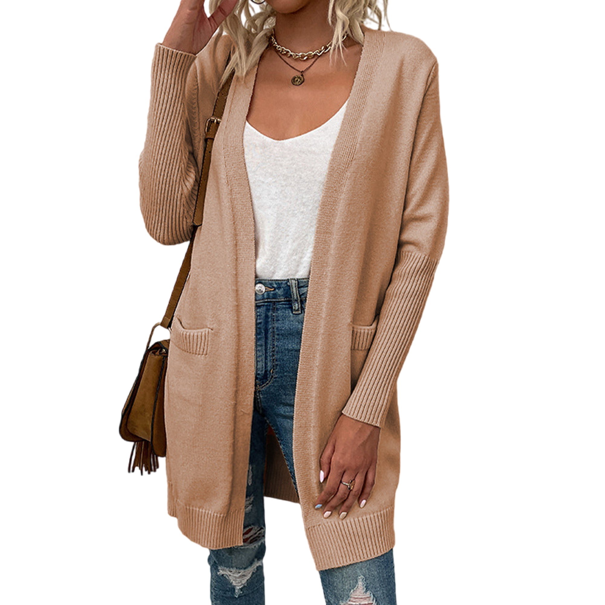 Glookwis Women Coat Warm Cardigan Sweater Loose Open Front Outwear Work Knitwear Long Sleeve Jacket Khaki 2XL