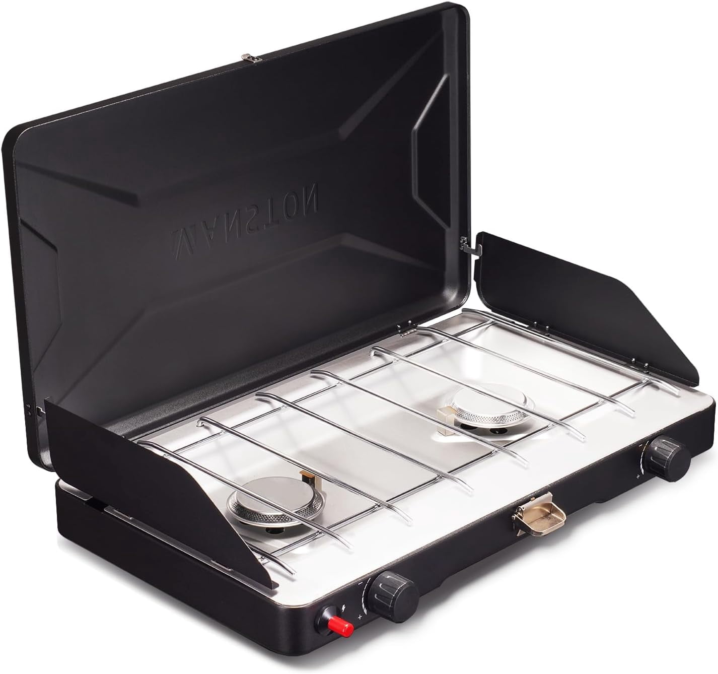 VANSTON 2-Burner Propane Camping Stove, 20,000 Total BTUs, Wind Guards, Adjustable Burners, Instant Push-Button Ignition, Suitable for Backyard BBQs, Beach Cookouts, Tailgating