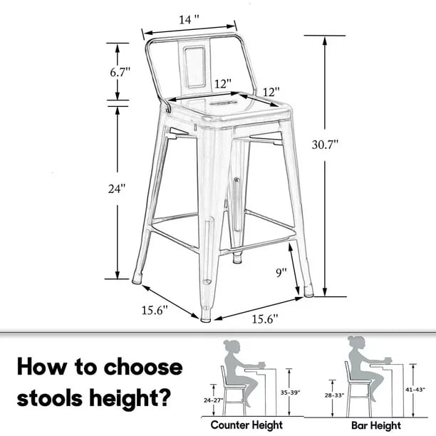 Andeworld 24" Low Back Distressed Red Bar Stools Industrial Metal Barstools Counter Height Stools [Set of 4]