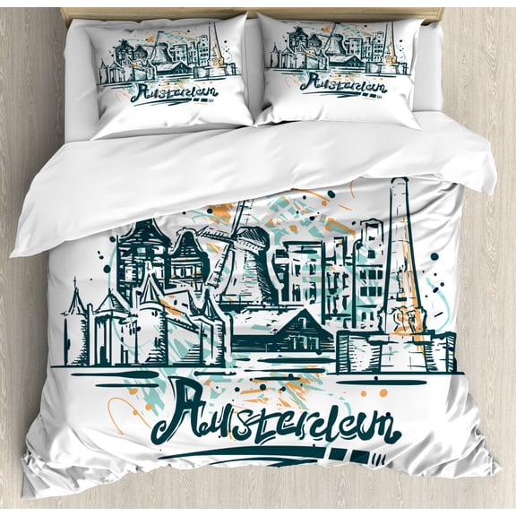 Amsterdam Duvet Cover Set Queen Size, Funky Calligraphy with a City Silhouette in Paintbrush Strokes, Decorative 3 Piece Bedding Set with 2 Pillow Shams, Dark Teal Seafoam and White, by Ambesonne