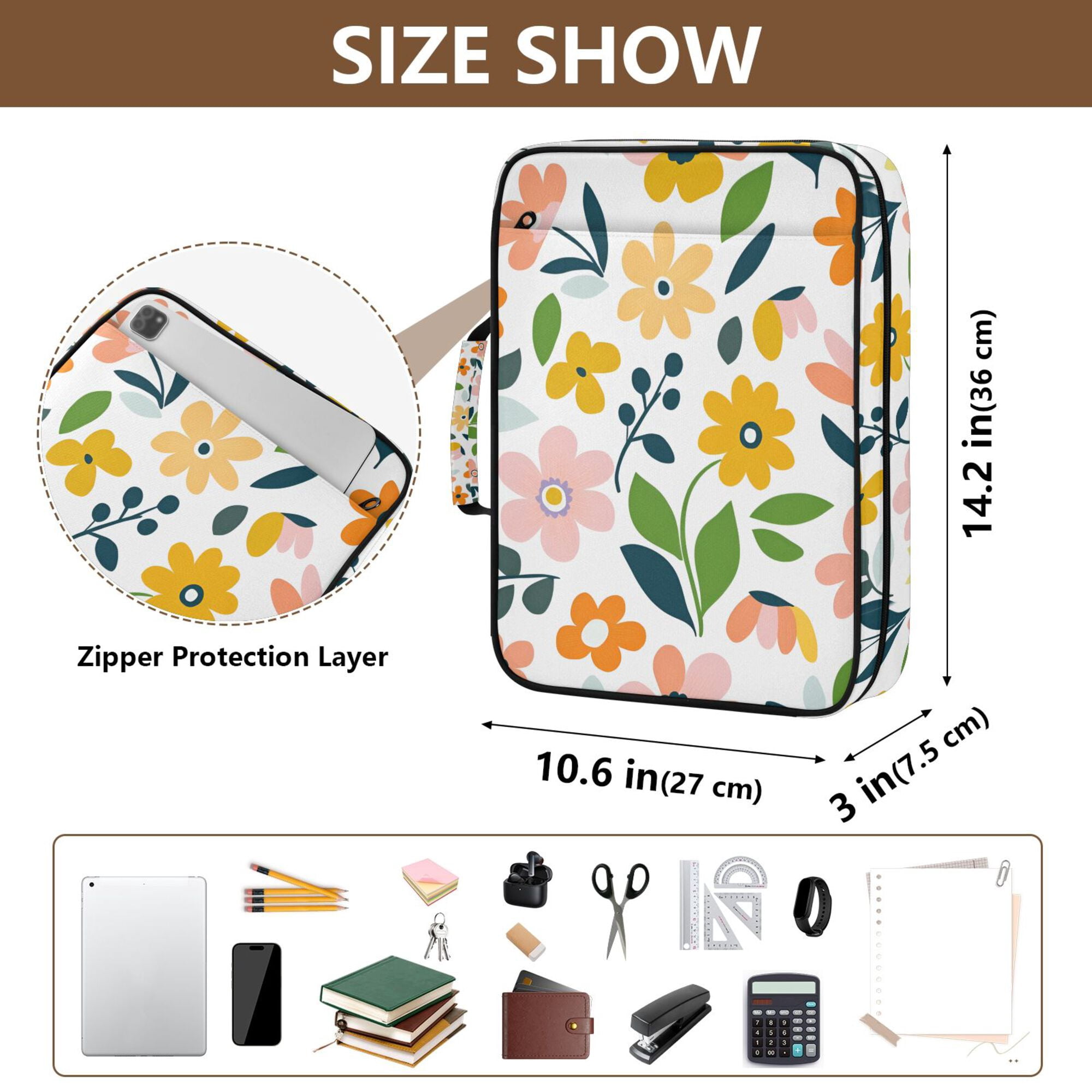 FORMRS Accordion File Folder A4 Size 7-Pocket Expanding Document Organizer Bag with 3 Ring Binder, Retro Yellow Floral