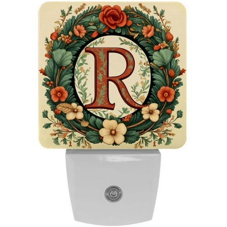 

2 Pack Auto Dusk-to-Dawn Sensor Night Lights Letter R with Wreath Aesthetic Pattern Plug-in Home Office Decorative Lamp for Adult 0.5W LED Nightlights for Bedroom Bathroom Hallway Stairs