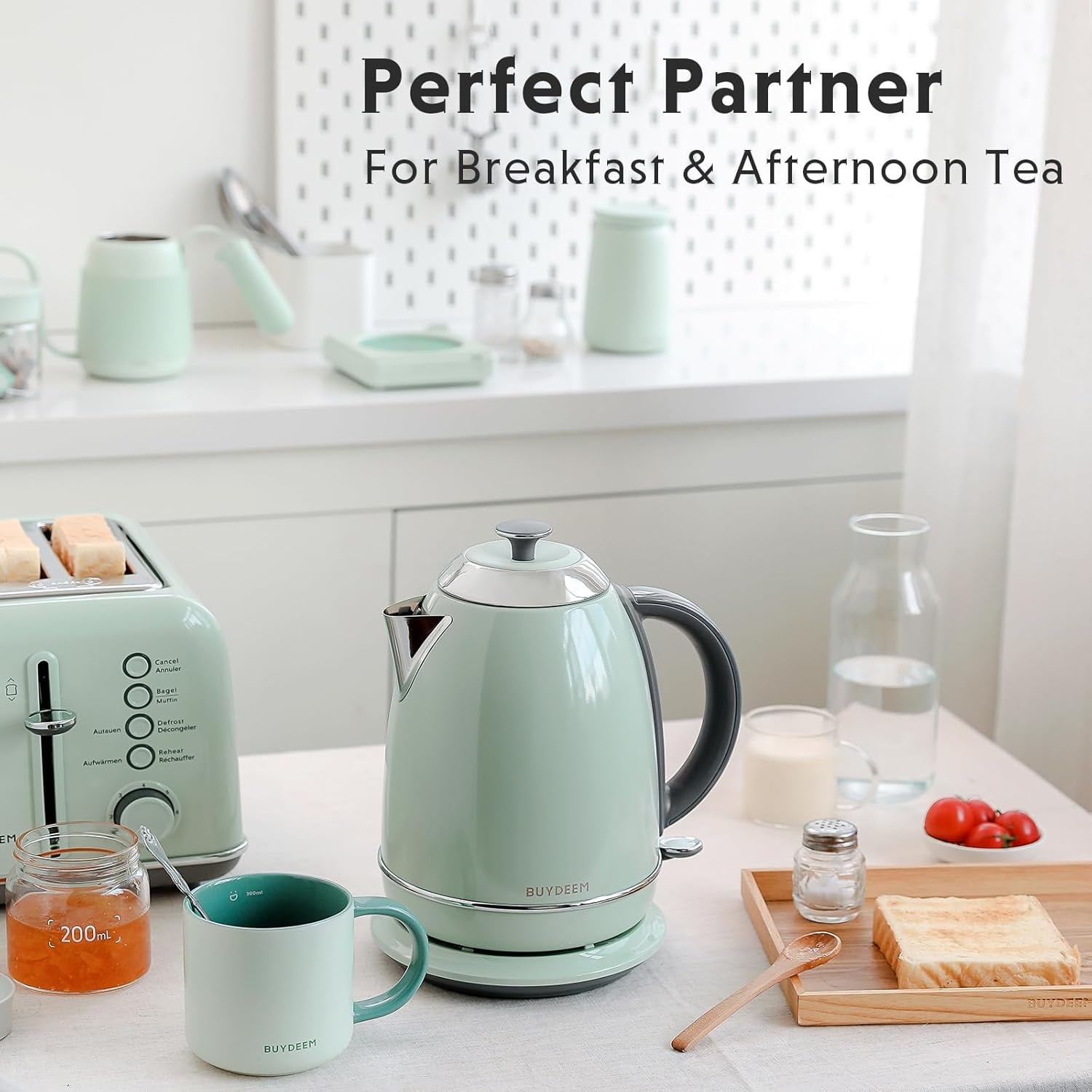 Stainless Steel Electric Tea Kettle with Auto Shut-Off and Boil Dry Protection, 1.7 Liter Cordless Hot Water Boiler with Swivel Base, 1440W, Cozy Greenish