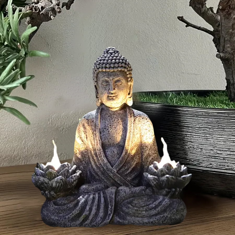 Meditating Buddha Garden Statues with Lotus Lantern, Solar-Power Buddha Sculpture Decor for Home Garden, Yard, Patio, Yoga, Buddha Statues for Indoor or Outdoor Ornaments, Unique Housewarming Gifts
