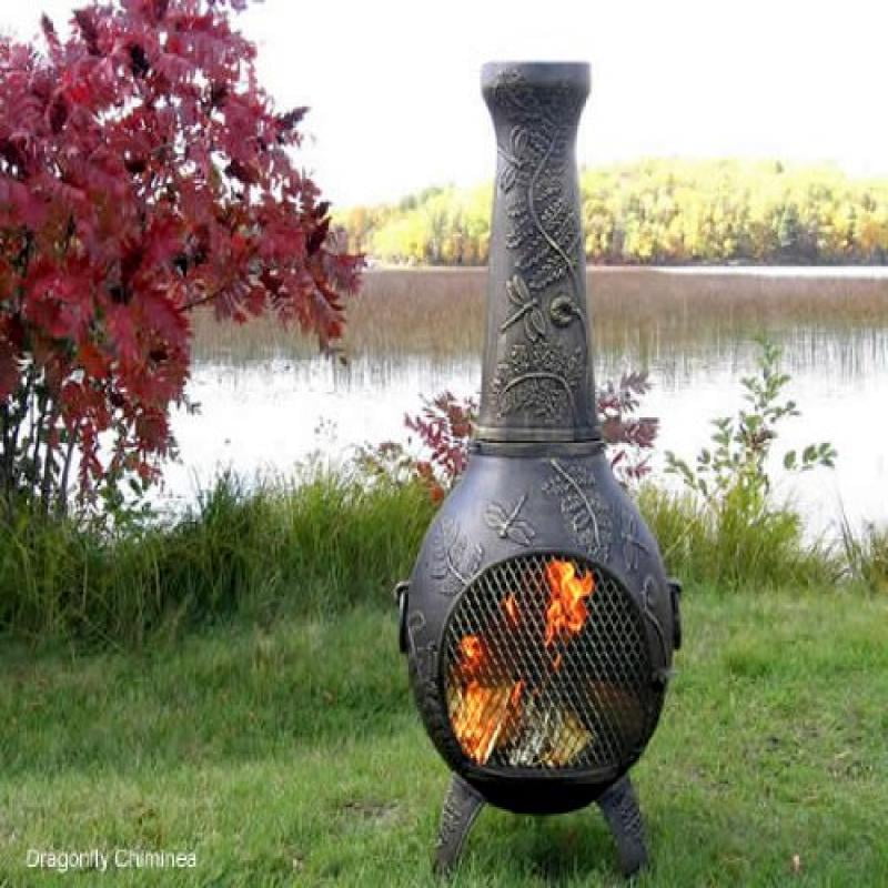 The Blue Rooster Co. Dragonfly Style Cast Aluminum Wood Burning Chiminea in Gold Accent by