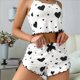 thumbnail image 4 of Conjunto de Pijama de 2 Piezas con Estampado Gráfico para Mujer, Top Corto y Pantalones Cortos de Verano, Conjuntos de Ropa de Dormir Acanalados. y Negro XL, 4 of 5