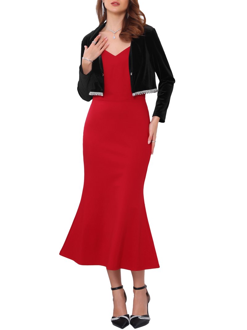 shrug for dresses cocktail Inspire Chic Women's Velvet Shrug for Dresses Evening Long Sleeve Sparkle Trim Bridal Wedding Elegant Cocktail Bolero M Black, Size: Medium
